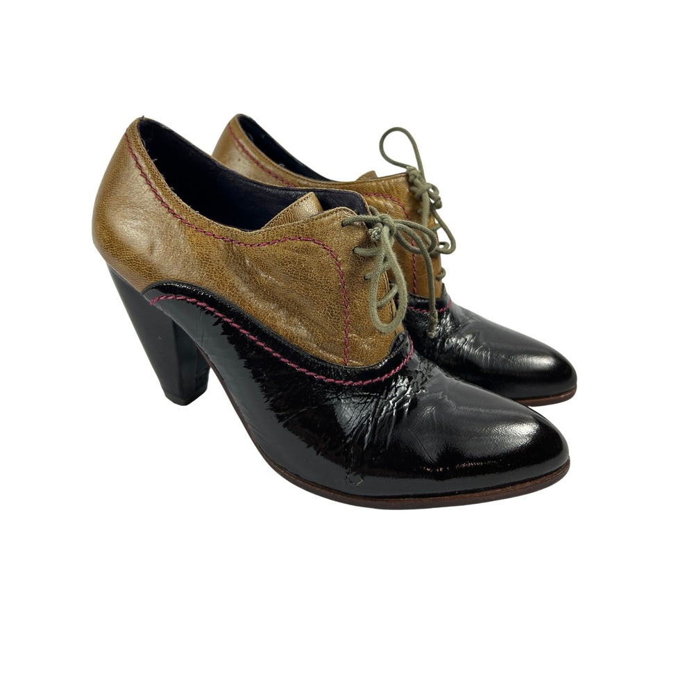 Academia Heels True Religion‎ Two Tone Patent Leather Oxford Tan Black 6.5